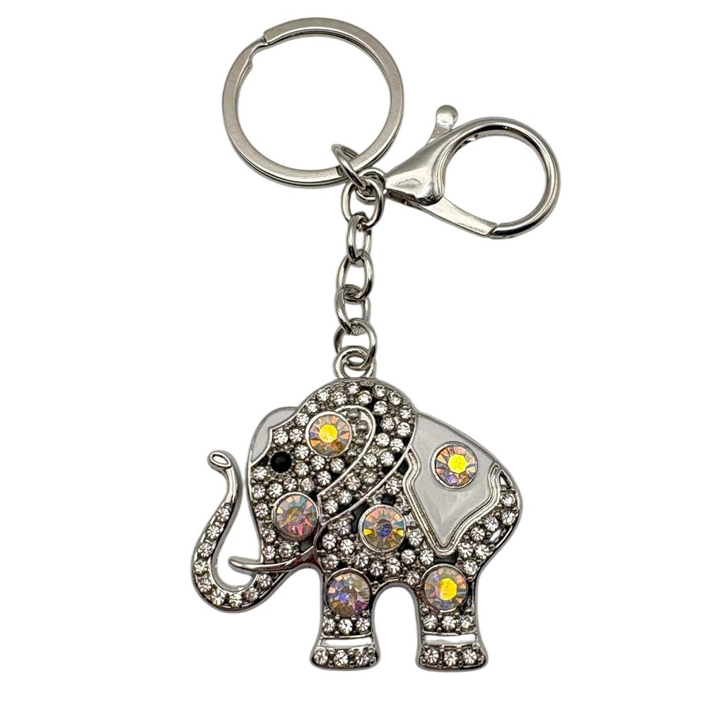 Elephant Keychain OS Silver Rhinestone Crystal Charm Accessory Bag Tag Bling New